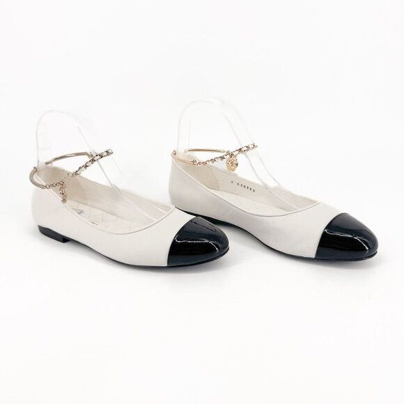 Chanel CC Camellia Ankle Chain White Cap Toe Ballet Flats Size 37.5 US 6.5-7 - Picture 1 of 15